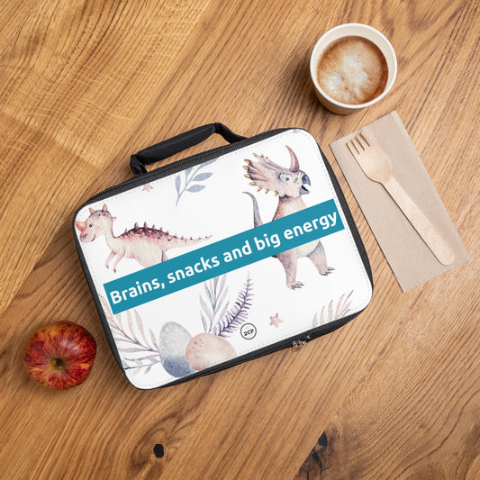 "Brains, snacks and big energy" Dinosaur-Themed Lunch Bag for Kids | Fun & Functional | Perfect for School, Picnics, and Snacks | Brains, Snacks, and Big Energy
