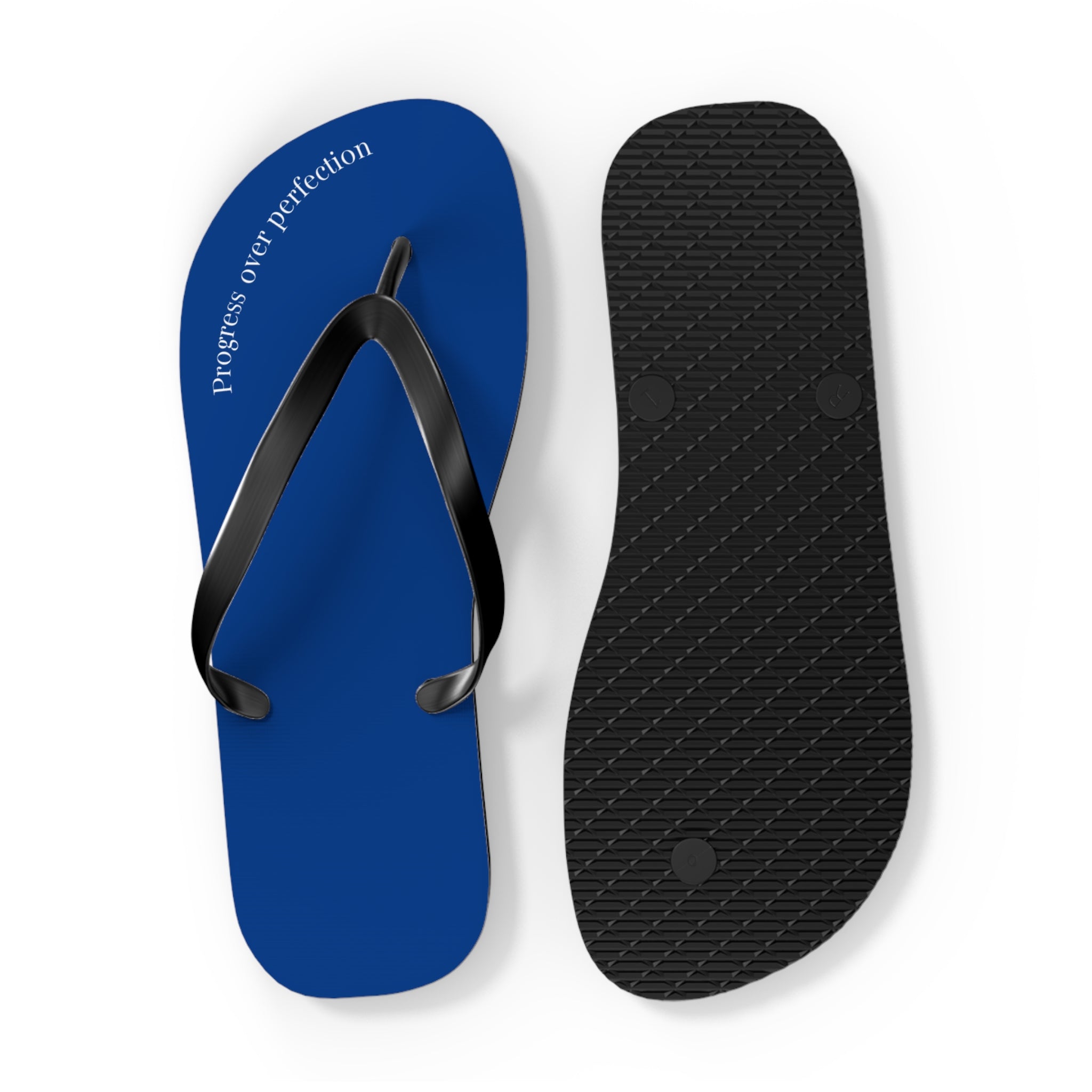 Blue Progress Over Perfection Flip Flops
