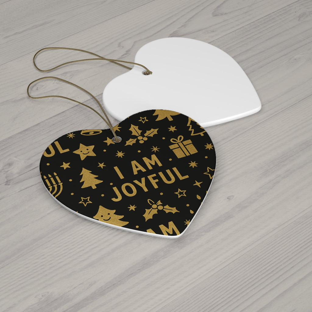 I Am Joyful black and gold ceramic affirmation ornament – alternate view
