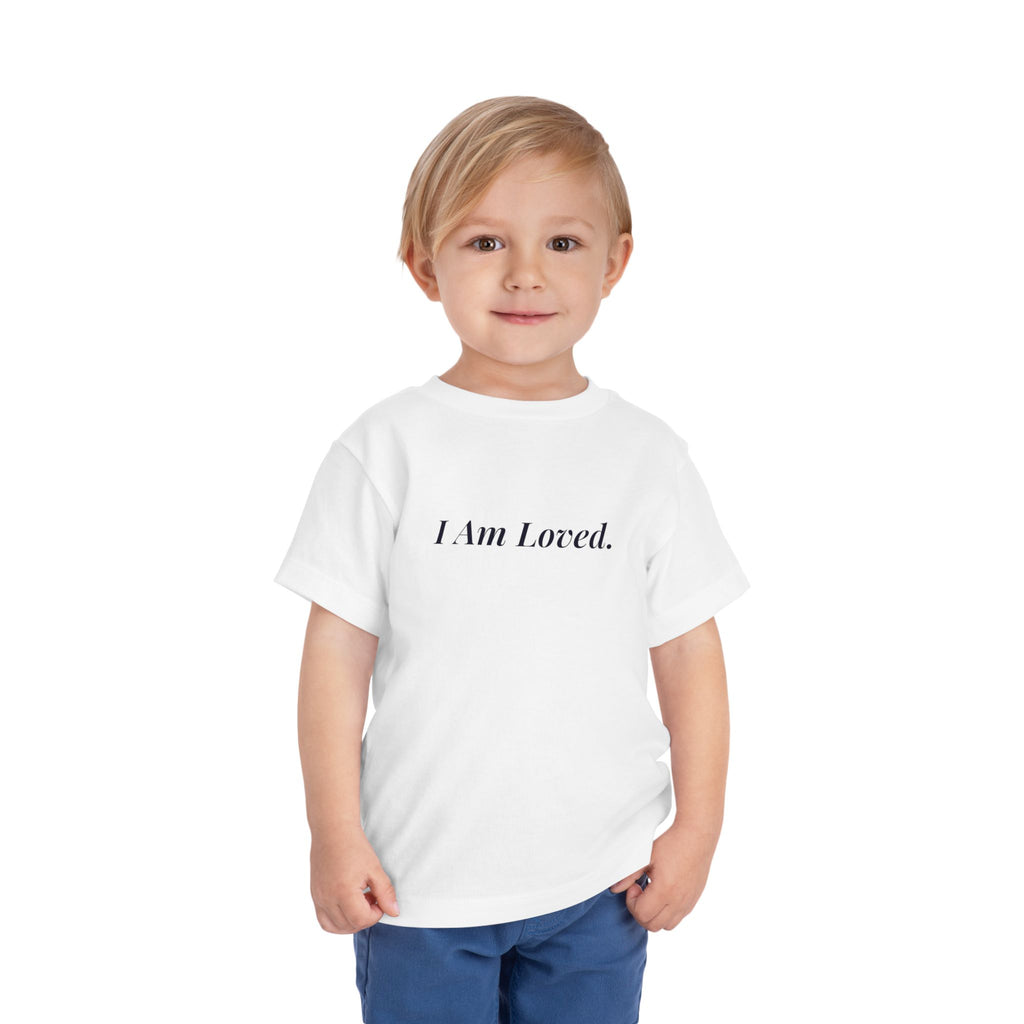 I Am Loved toddler affirmation t-shirt with navy script lettering