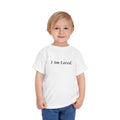 I Am Loved toddler affirmation t-shirt with navy script lettering
