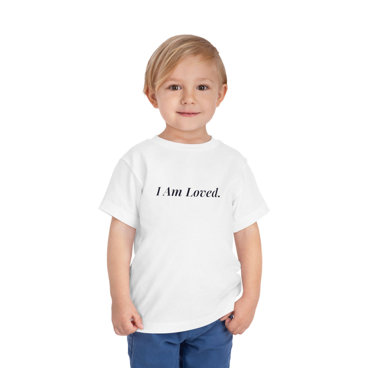 I Am Loved toddler affirmation t-shirt with navy script lettering