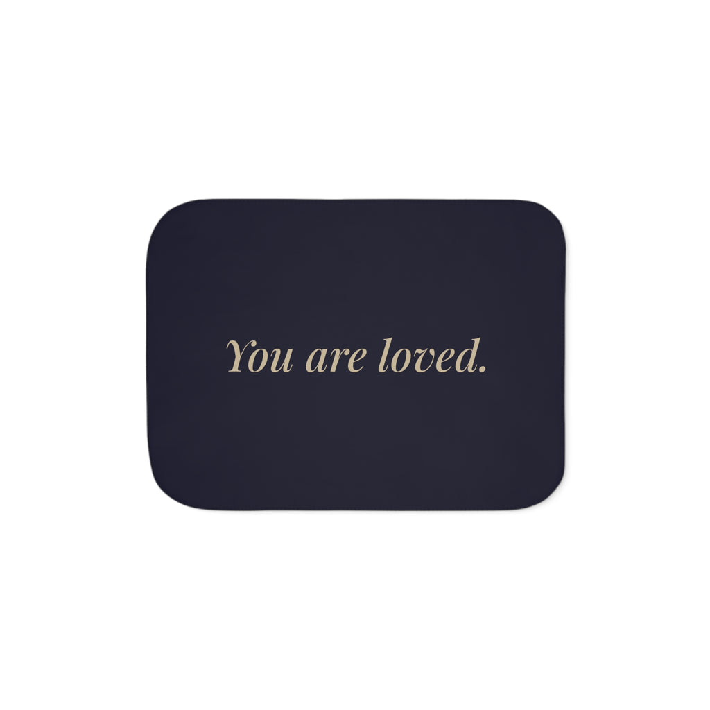 You Are Loved navy sherpa blanket with gold affirmation script – additional view