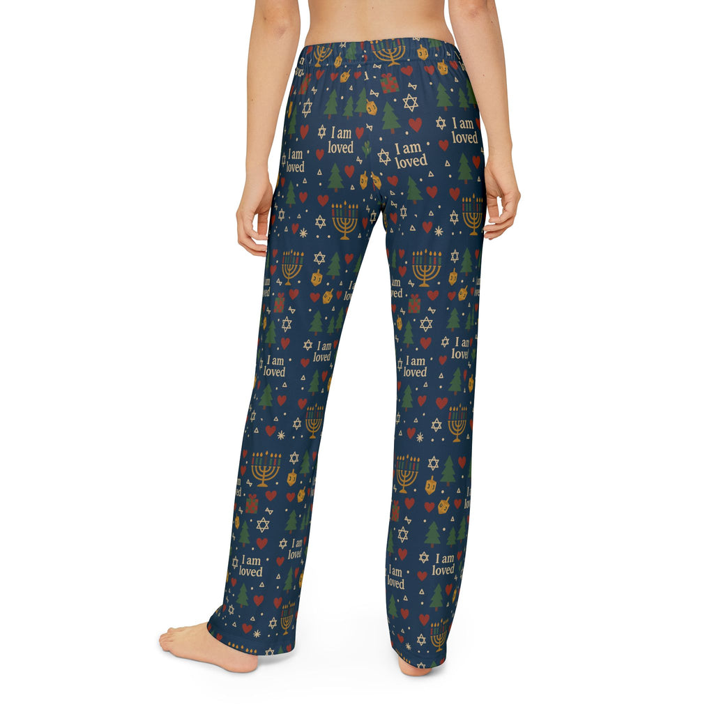 I Am Loved kids' holiday lounge pants with Christmas trees, menorahs and hearts on navy – additional view