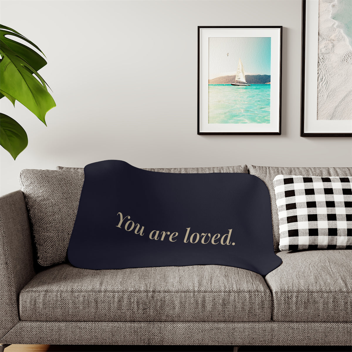 You Are Loved navy sherpa blanket with gold affirmation script