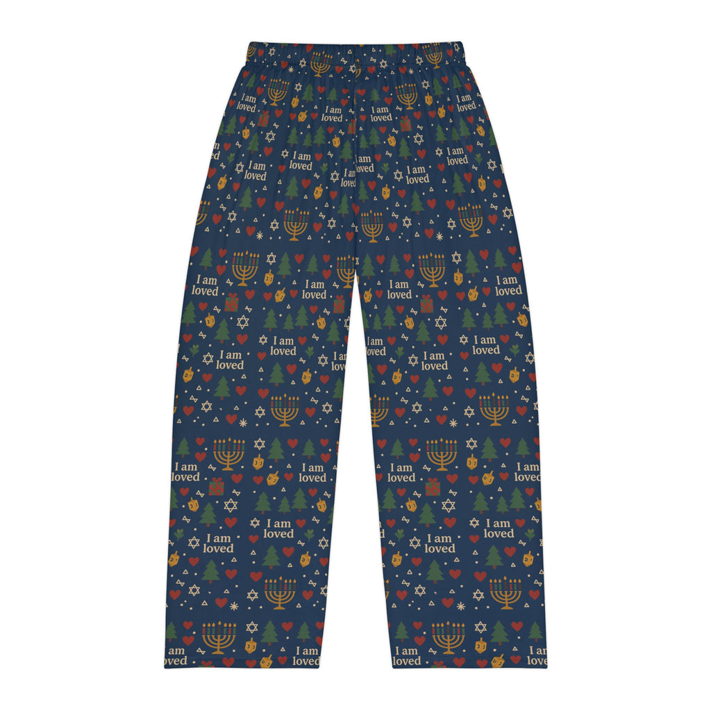 I Am Loved men's holiday pajama pants with Christmas trees, menorahs and hearts on navy – additional view