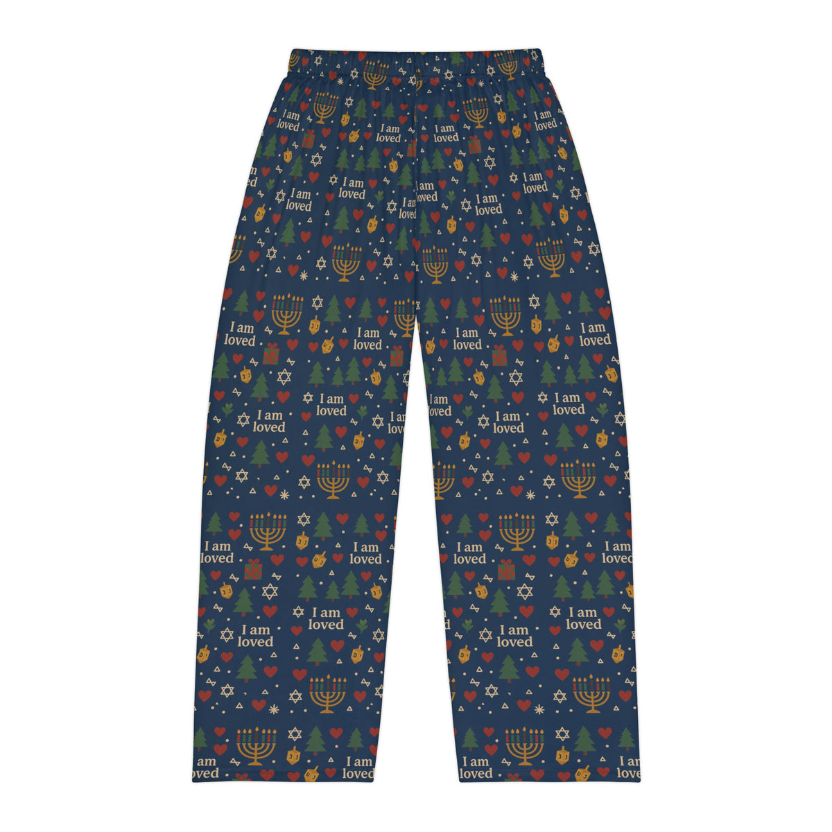 I Am Loved men's holiday pajama pants with Christmas trees, menorahs and hearts on navy – additional view