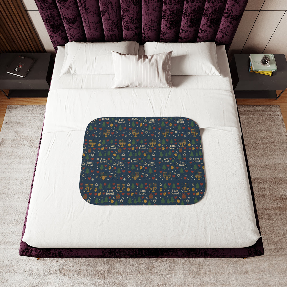 I Am Loved navy sherpa blanket with Christmas trees, menorahs, dreidels and hearts pattern – additional view