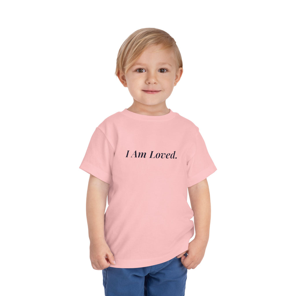I Am Loved toddler affirmation t-shirt with navy script lettering – additional view