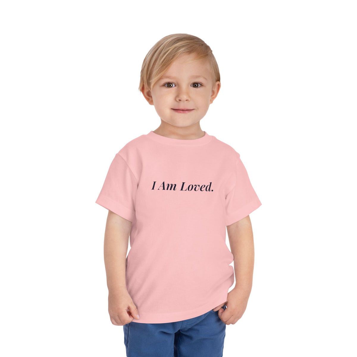 I Am Loved toddler affirmation t-shirt with navy script lettering – additional view