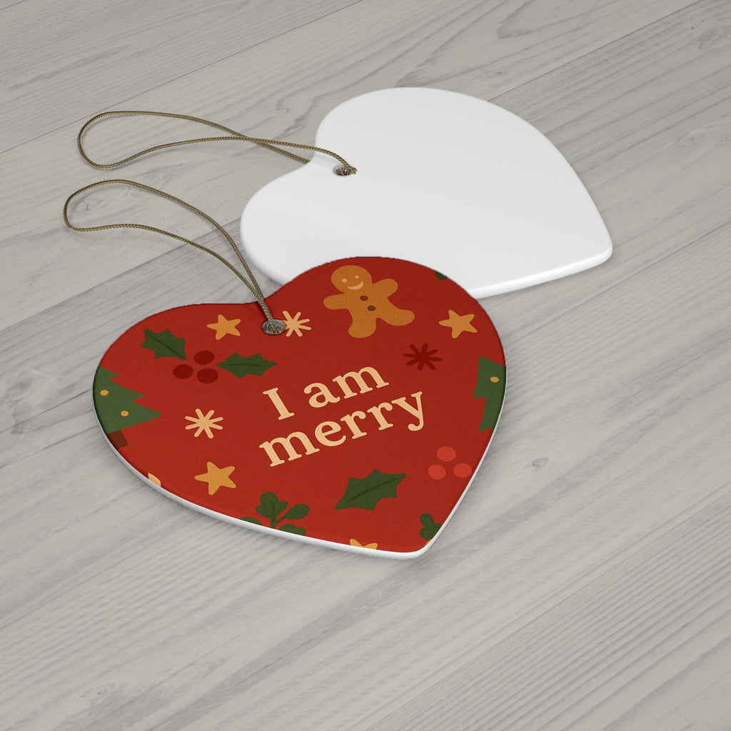 I Am Merry red gingerbread ceramic affirmation ornament – alternate view