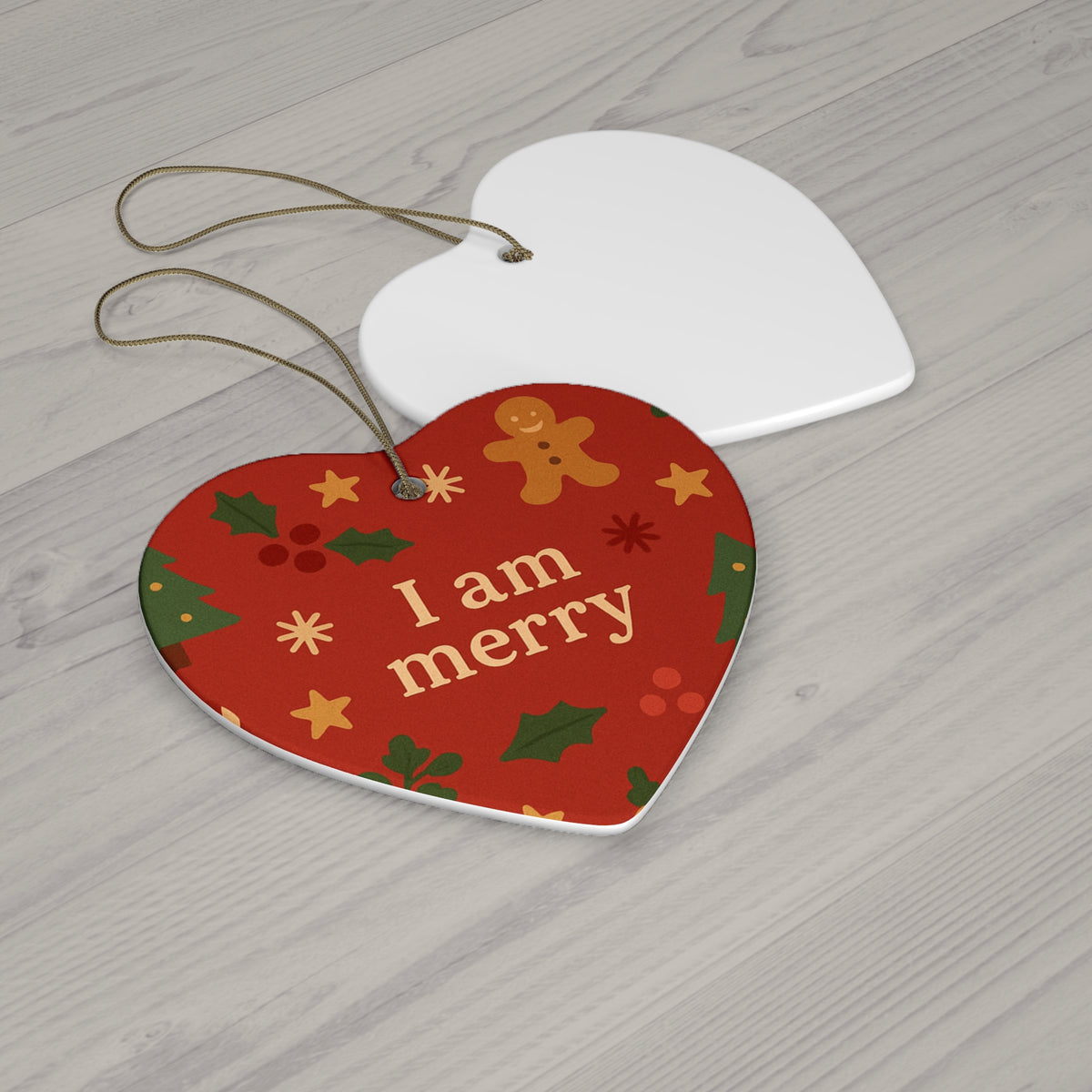 I Am Merry red gingerbread ceramic affirmation ornament – alternate view
