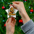 I Am Brave lion ceramic affirmation ornament hanging on a Christmas tree