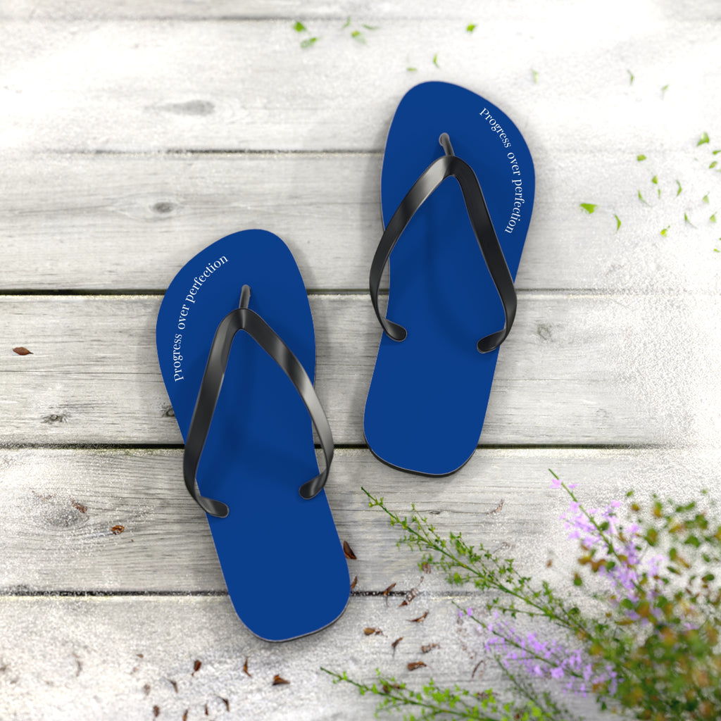 Blue Progress Over Perfection Flip Flops