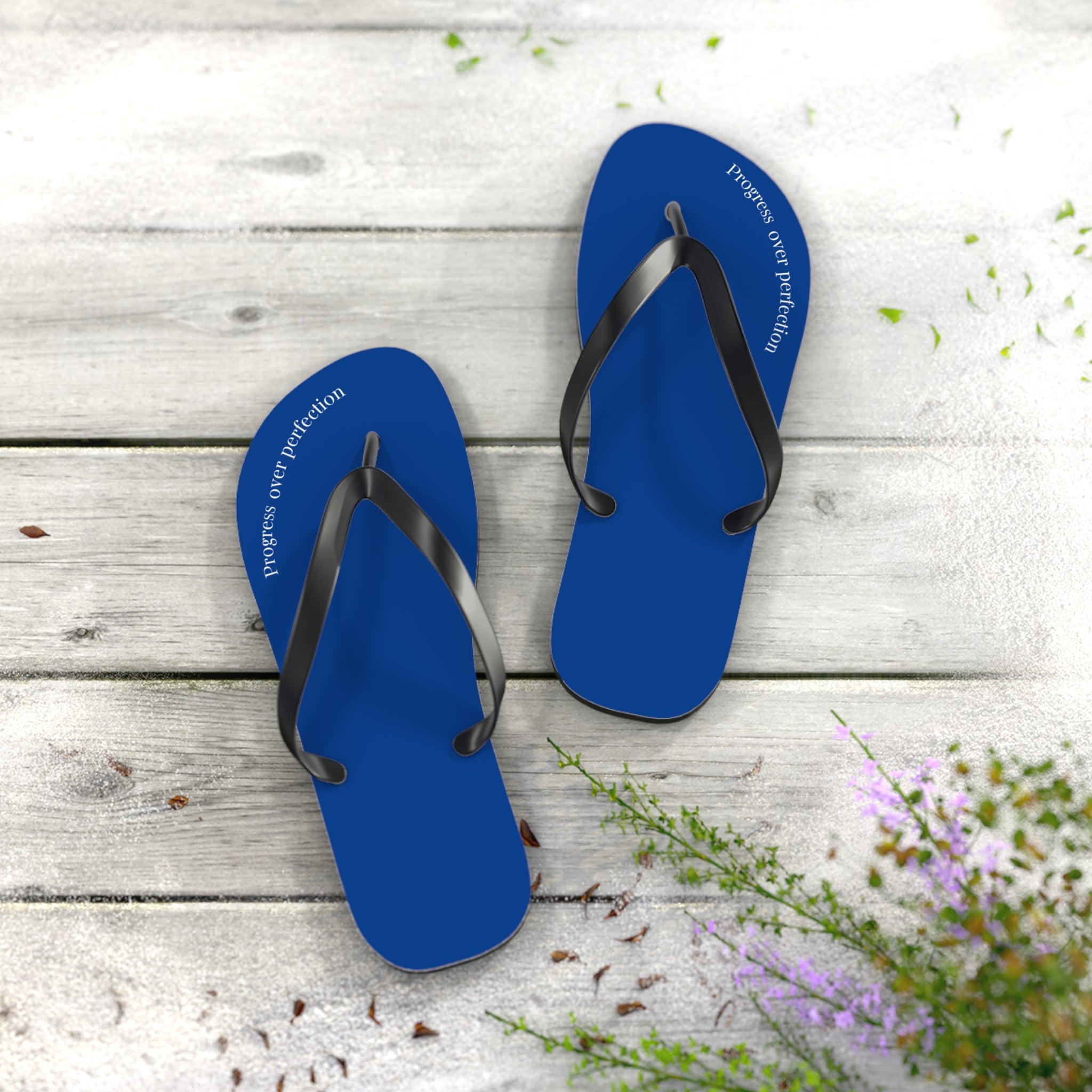 Blue Progress Over Perfection Flip Flops