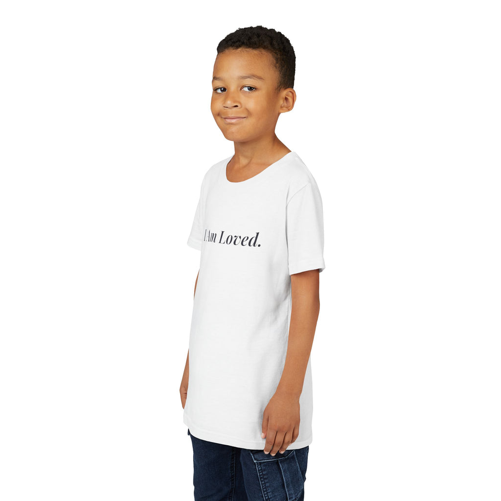 I Am Loved kids affirmation t-shirt with navy script lettering