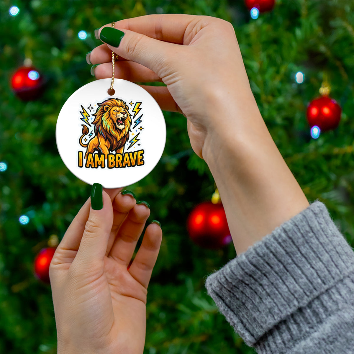 I Am Brave roaring lion ceramic affirmation ornament – another shape