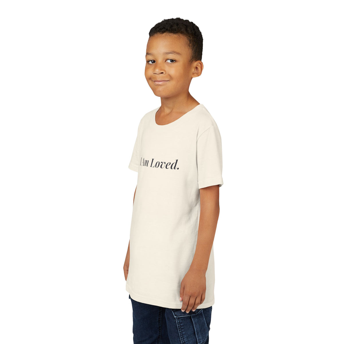 I Am Loved kids affirmation t-shirt with navy script lettering – additional view