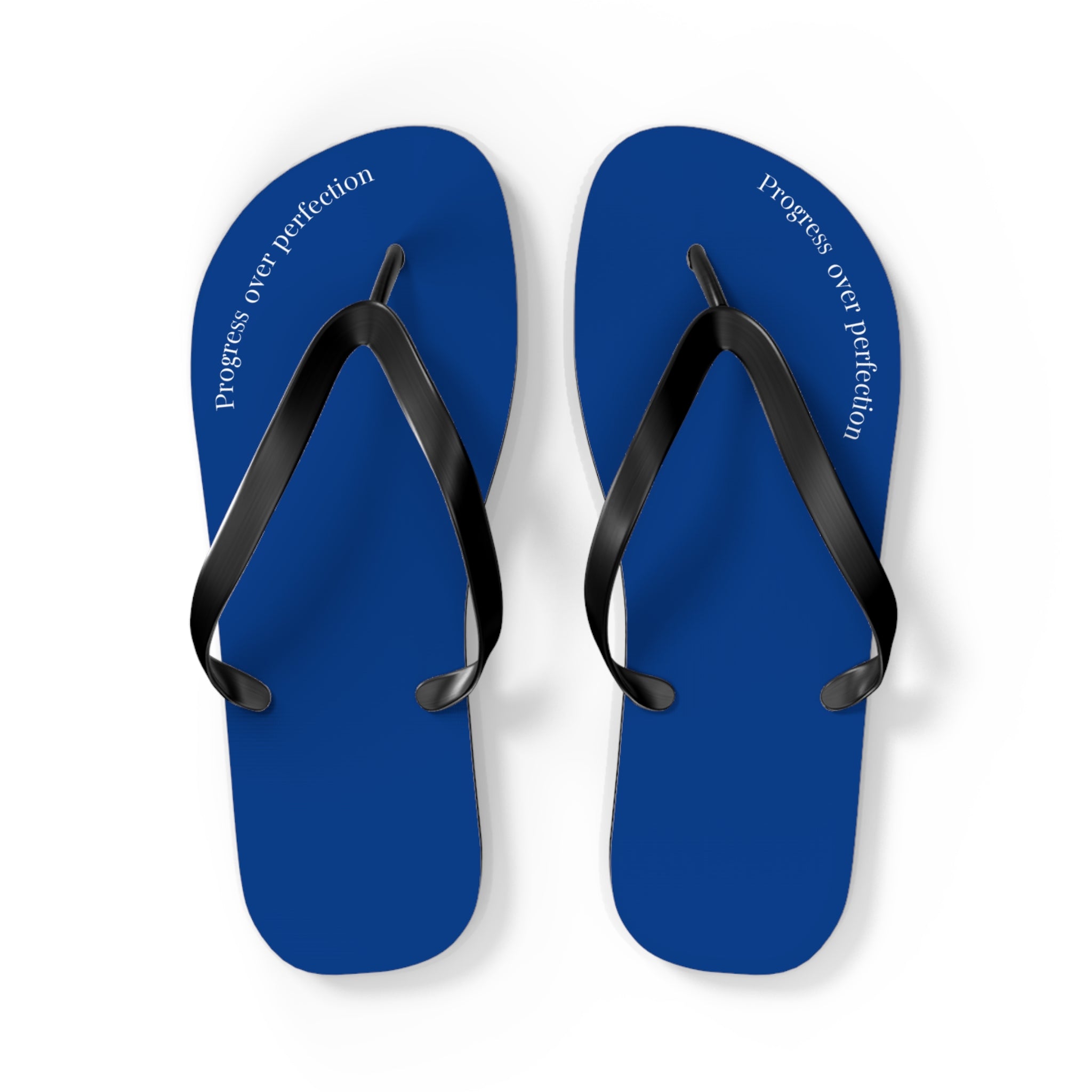Blue Progress Over Perfection Flip Flops