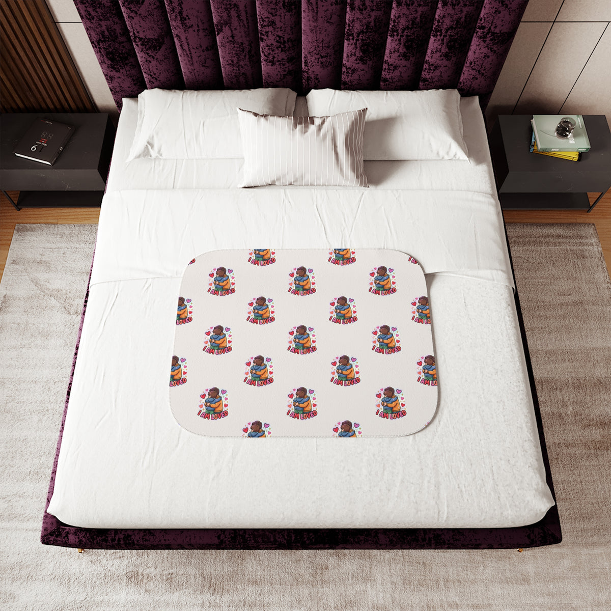 I Am Loved sherpa blanket with a repeating pattern of children hugging and hearts on cream – additional view