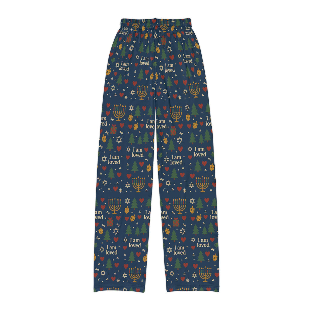 I Am Loved kids' holiday lounge pants with Christmas trees, menorahs and hearts on navy – additional view