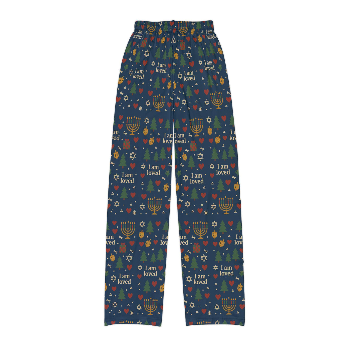 I Am Loved kids' holiday lounge pants with Christmas trees, menorahs and hearts on navy – additional view