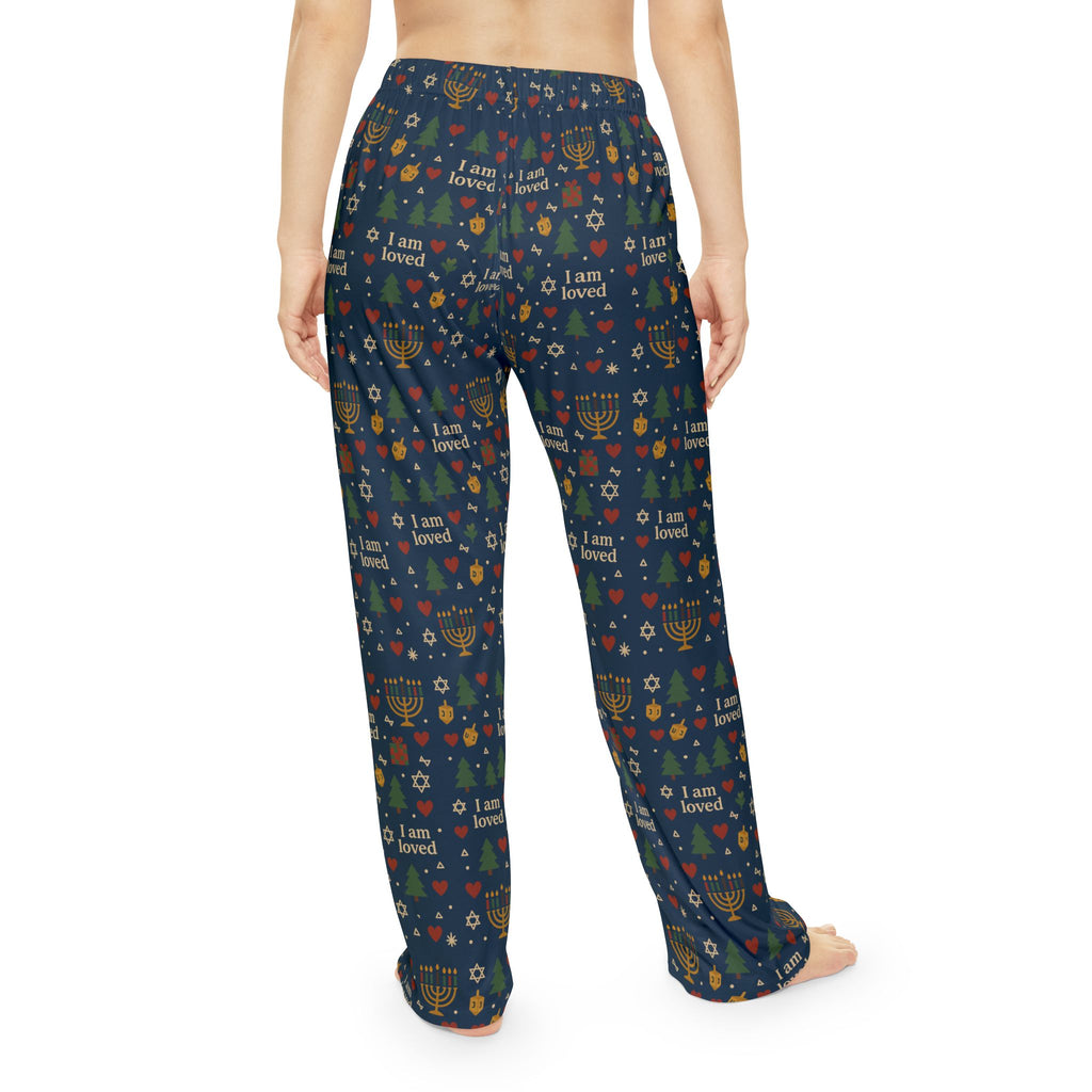 I Am Loved women's holiday pajama pants with Christmas trees, menorahs and hearts on navy – additional view