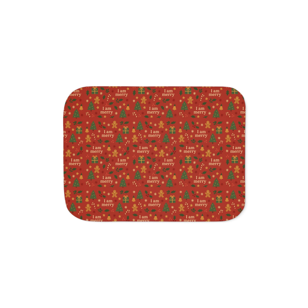 I Am Merry red sherpa blanket with gingerbread, Christmas trees and candy canes pattern – additional view
