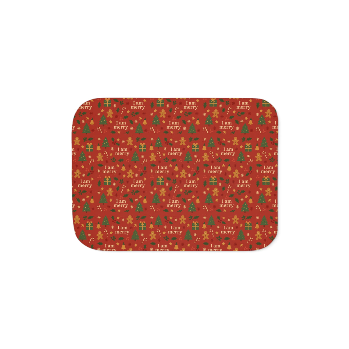 I Am Merry red sherpa blanket with gingerbread, Christmas trees and candy canes pattern – additional view