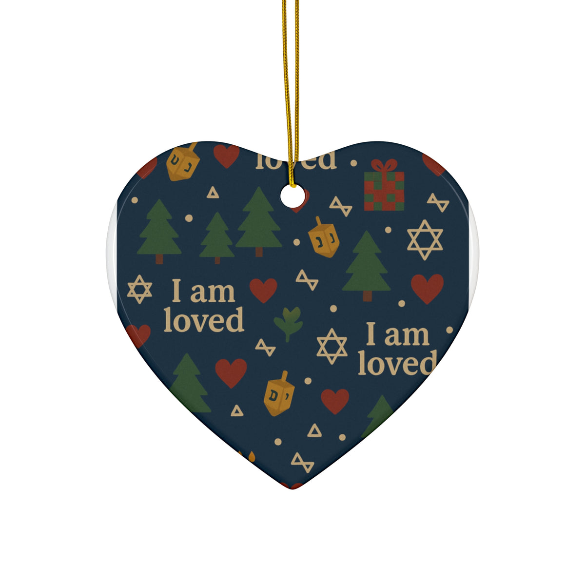 I Am Loved ceramic affirmation ornament hanging on a Christmas tree