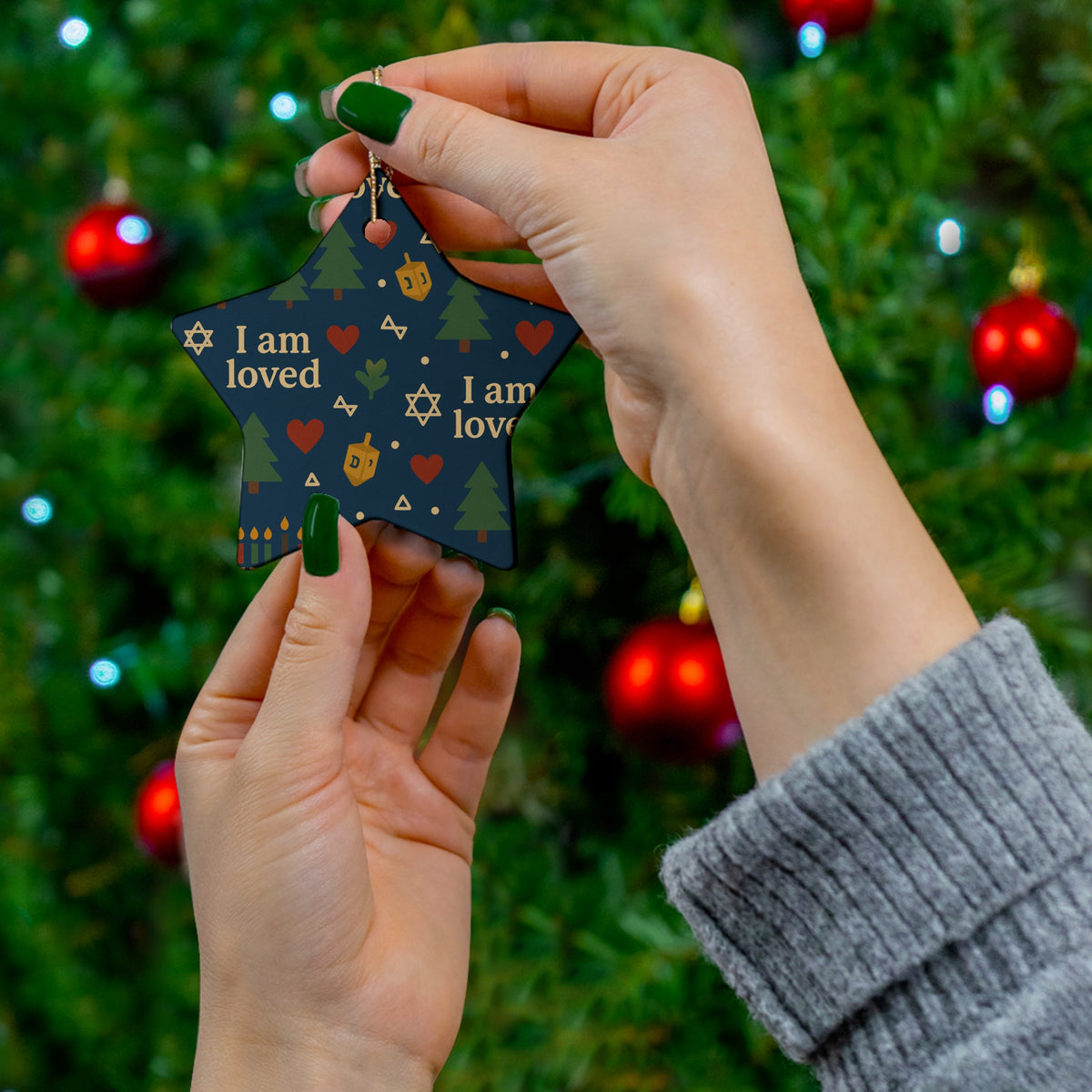 I Am Loved ceramic affirmation ornament with navy holiday pattern