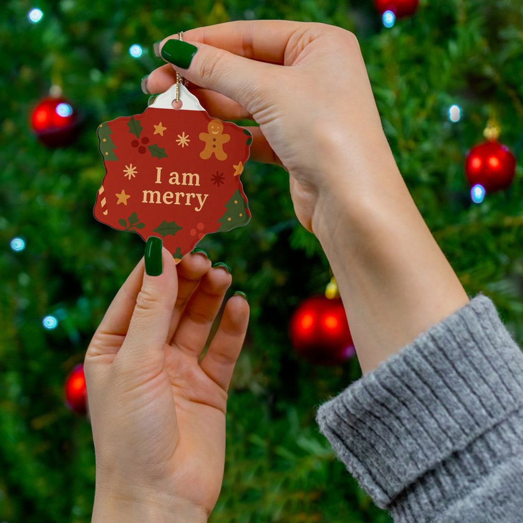 I Am Merry red gingerbread ceramic affirmation ornament – another shape