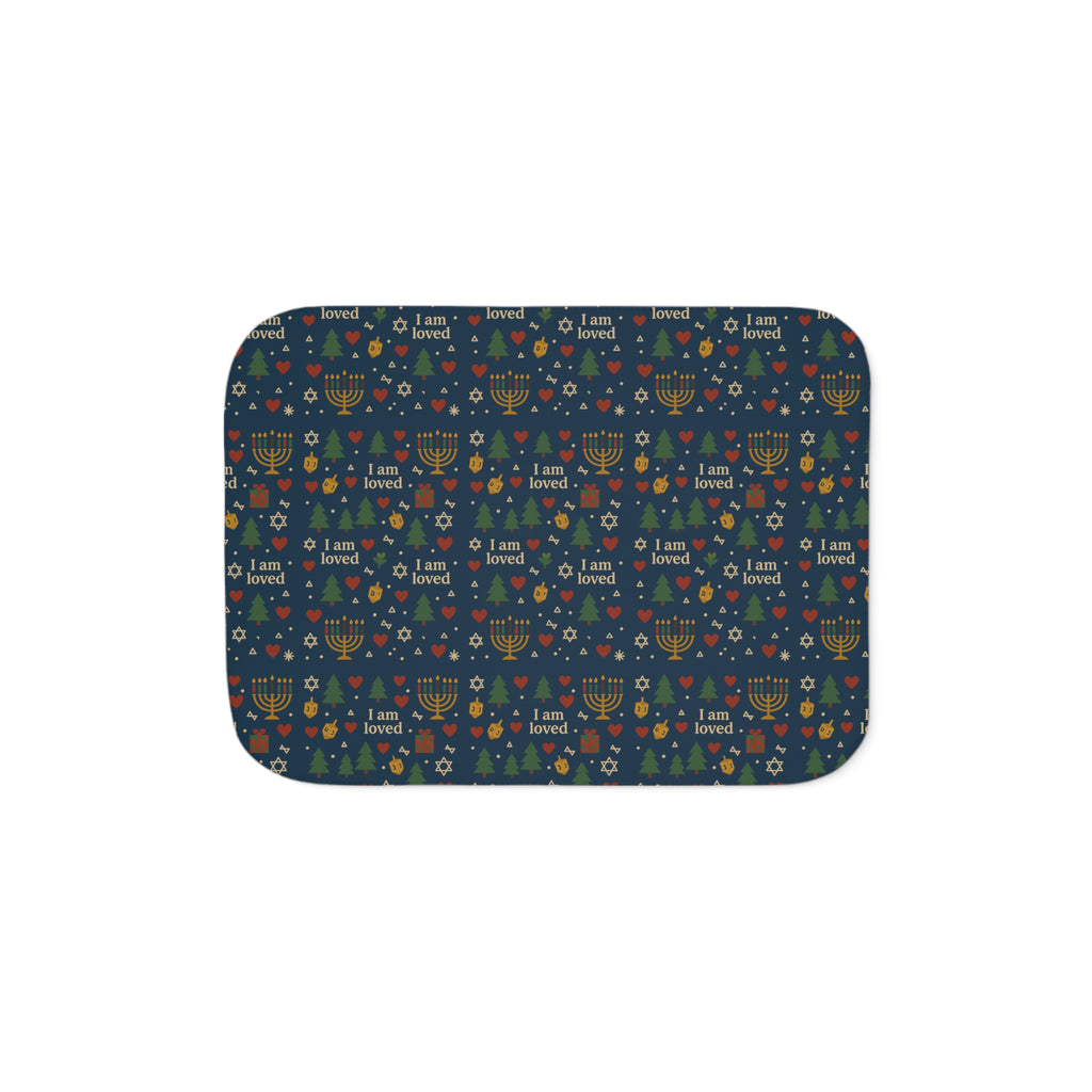I Am Loved navy sherpa blanket with Christmas trees, menorahs, dreidels and hearts pattern – additional view