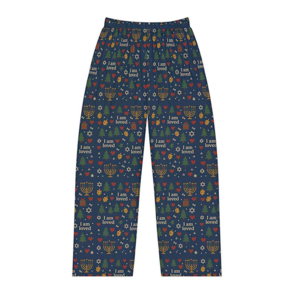 I Am Loved women's holiday pajama pants with Christmas trees, menorahs and hearts on navy
