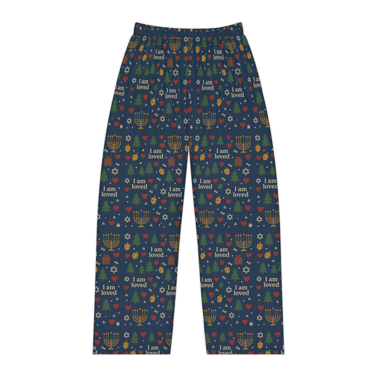 I Am Loved women's holiday pajama pants with Christmas trees, menorahs and hearts on navy
