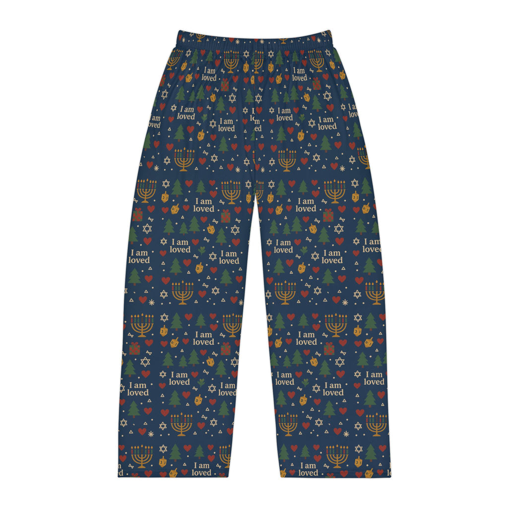 I Am Loved men's holiday pajama pants with Christmas trees, menorahs and hearts on navy – additional view