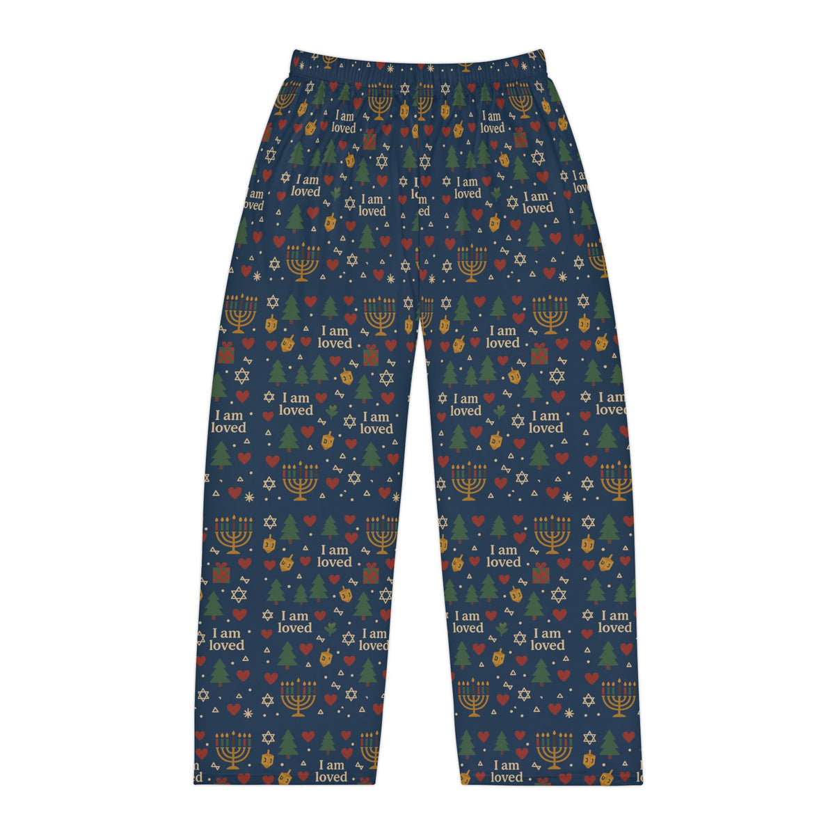 I Am Loved men's holiday pajama pants with Christmas trees, menorahs and hearts on navy – additional view