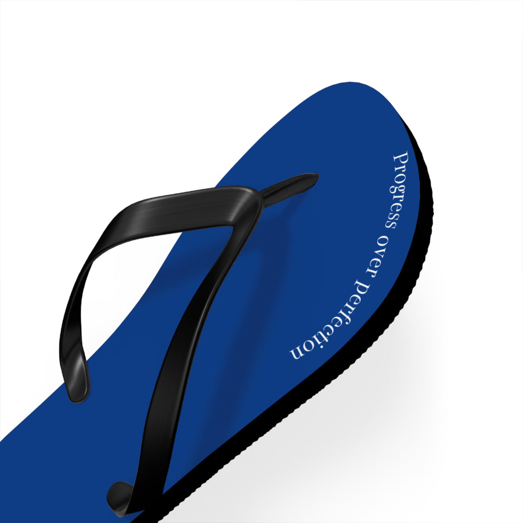 Blue Progress Over Perfection Flip Flops