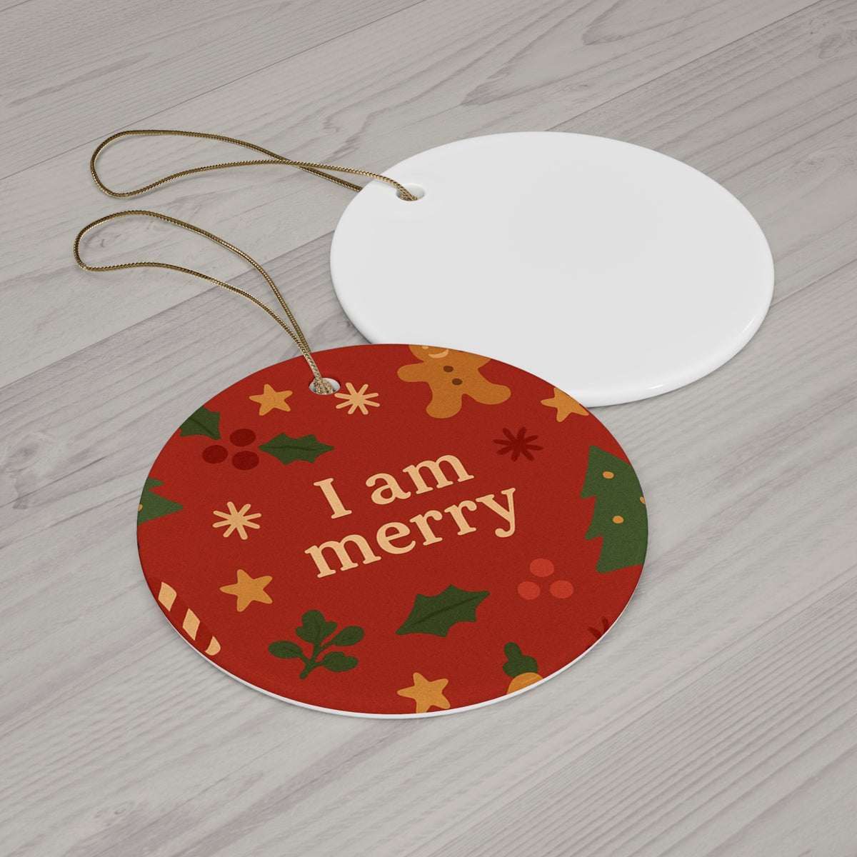 I Am Merry red gingerbread ceramic affirmation ornament – alternate view