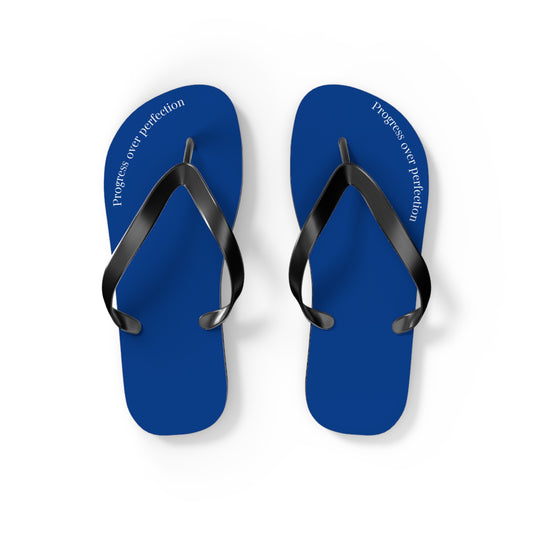 Blue Progress Over Perfection Flip Flops