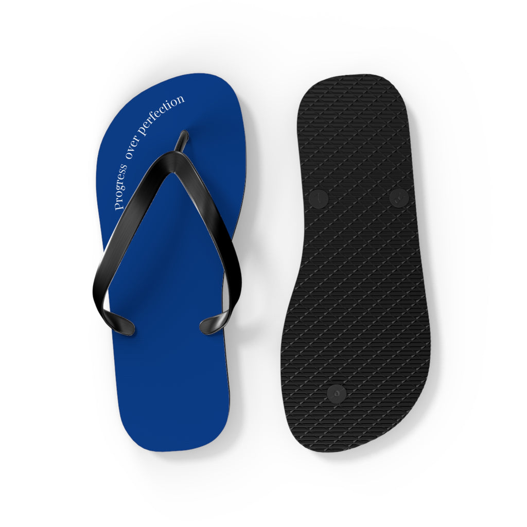 Blue Progress Over Perfection Flip Flops