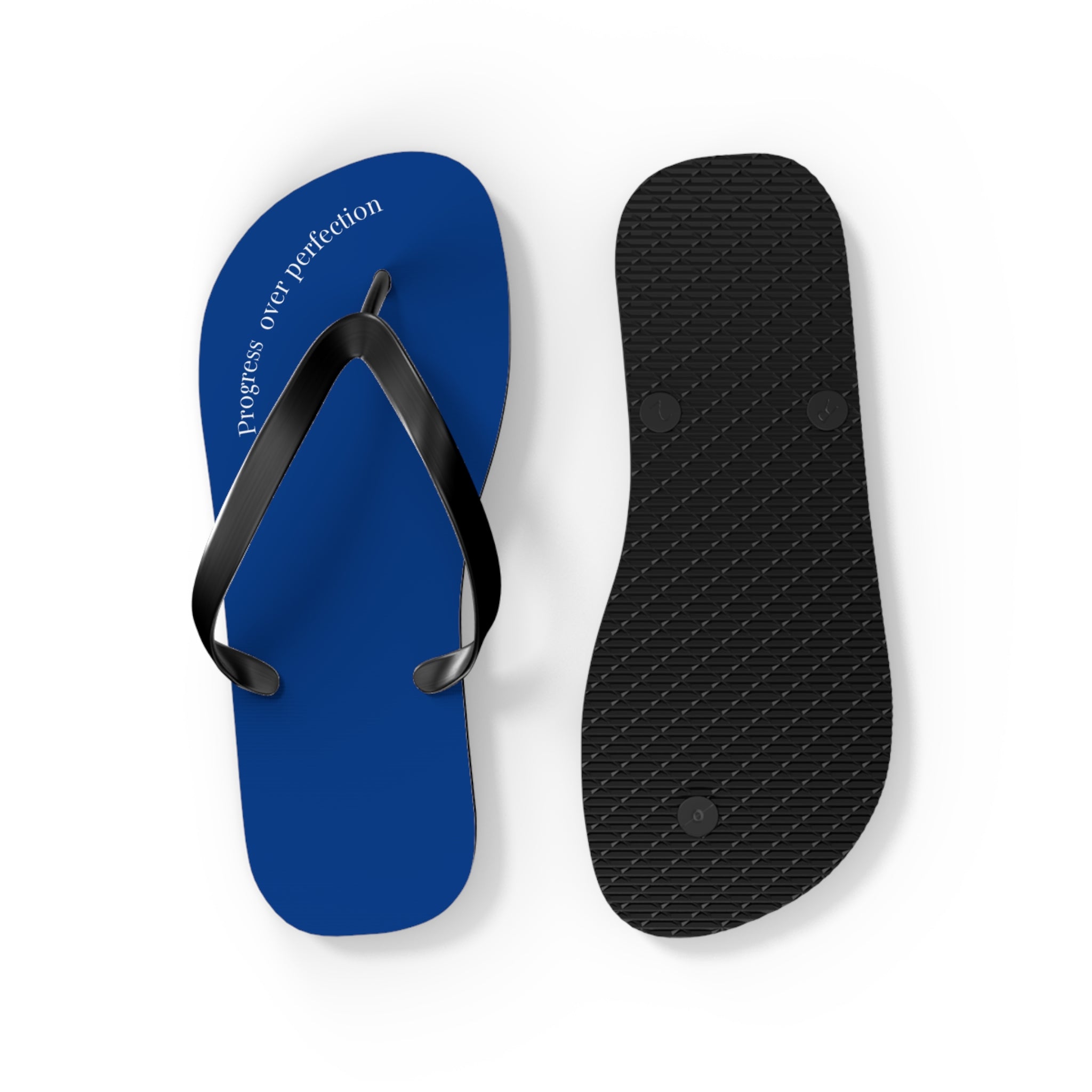 Blue Progress Over Perfection Flip Flops