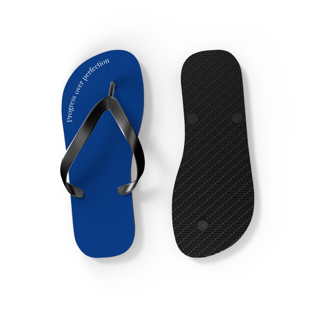 Blue Progress Over Perfection Flip Flops