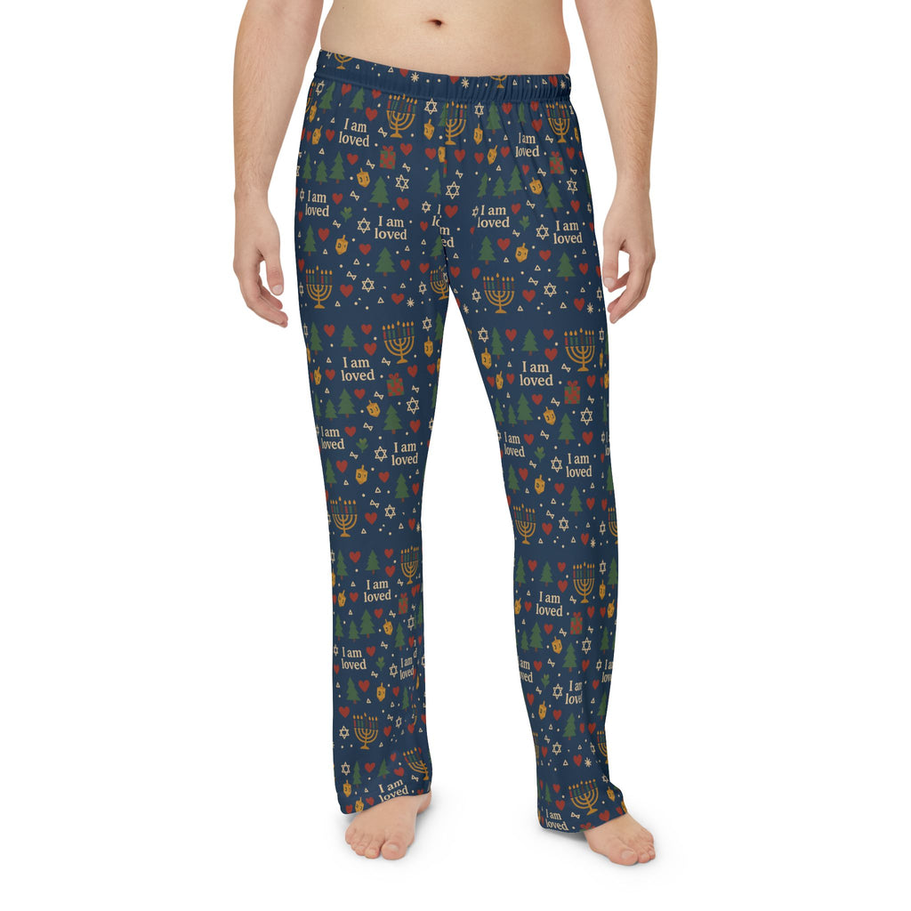 I Am Loved men's holiday pajama pants with Christmas trees, menorahs and hearts on navy – additional view
