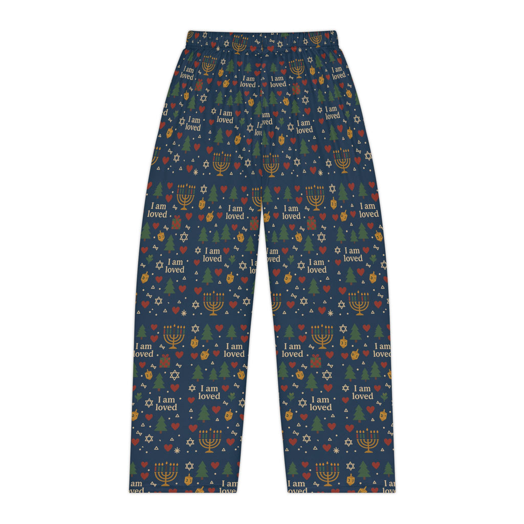 I Am Loved women's holiday pajama pants with Christmas trees, menorahs and hearts on navy – additional view