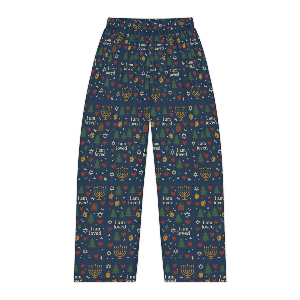 I Am Loved women's holiday pajama pants with Christmas trees, menorahs and hearts on navy – additional view