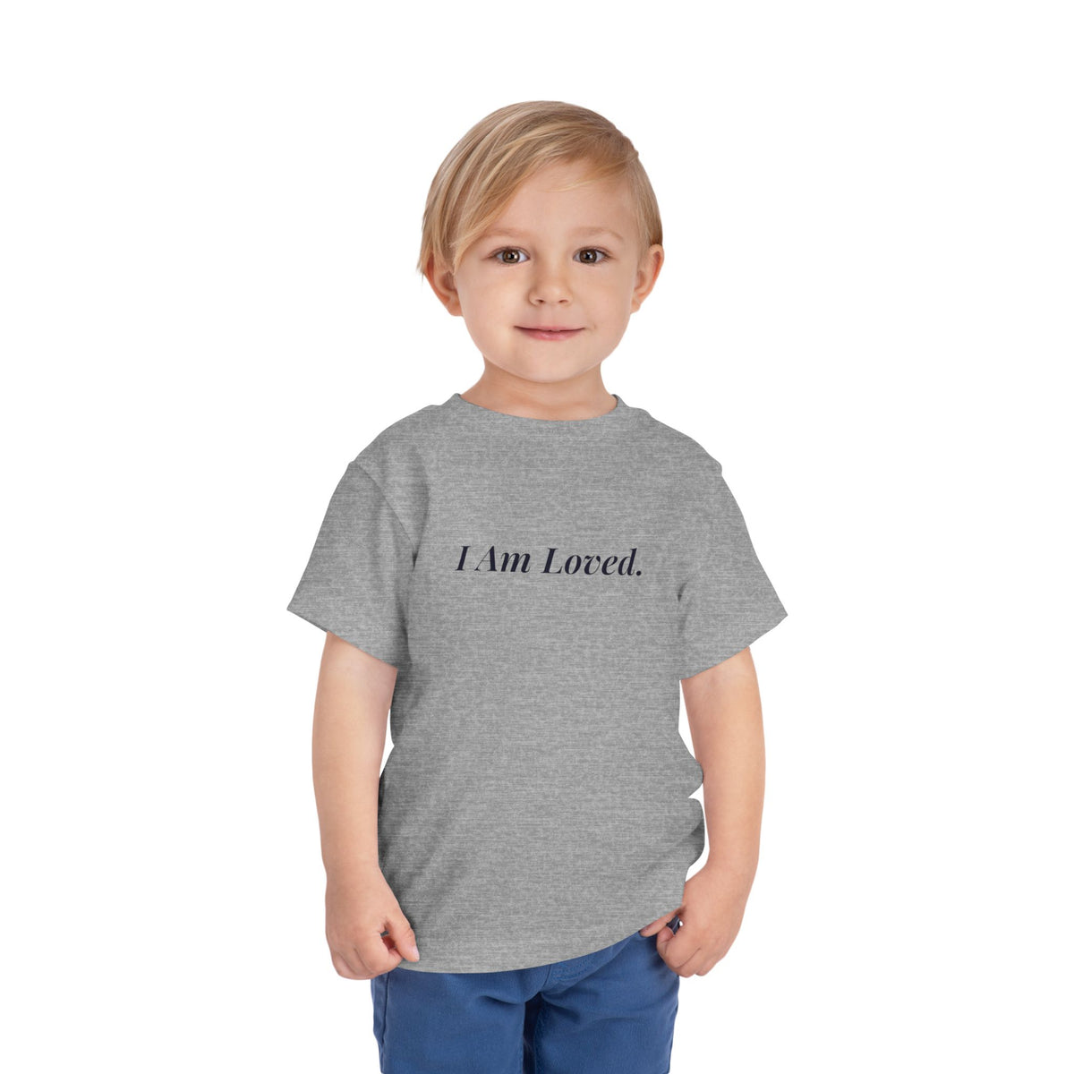 I Am Loved toddler affirmation t-shirt with navy script lettering – additional view