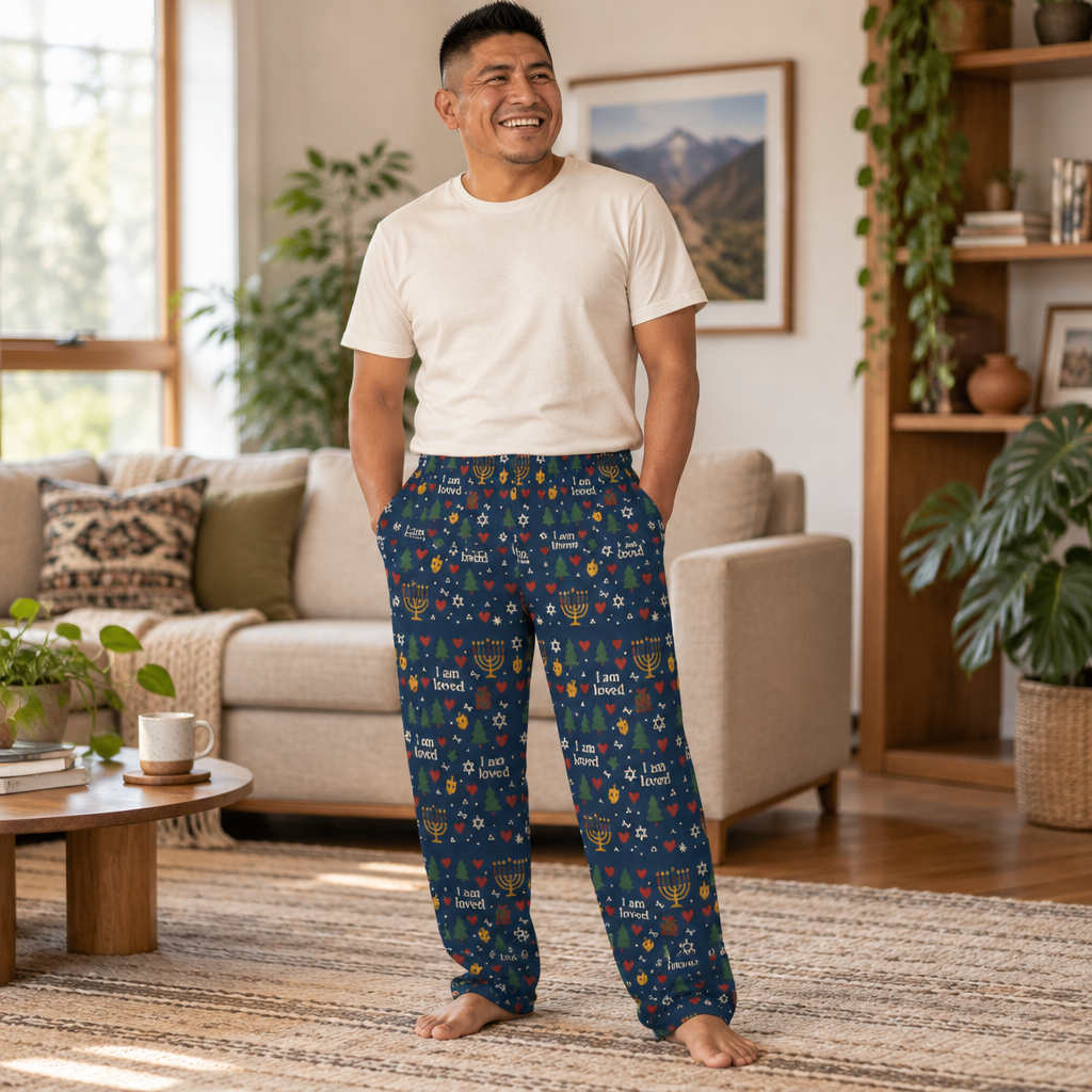 I Am Loved men's holiday pajama pants with Christmas trees, menorahs and hearts on navy