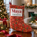 Personalized red gingerbread Christmas stocking with child's name and "I am merry." on a cream panel