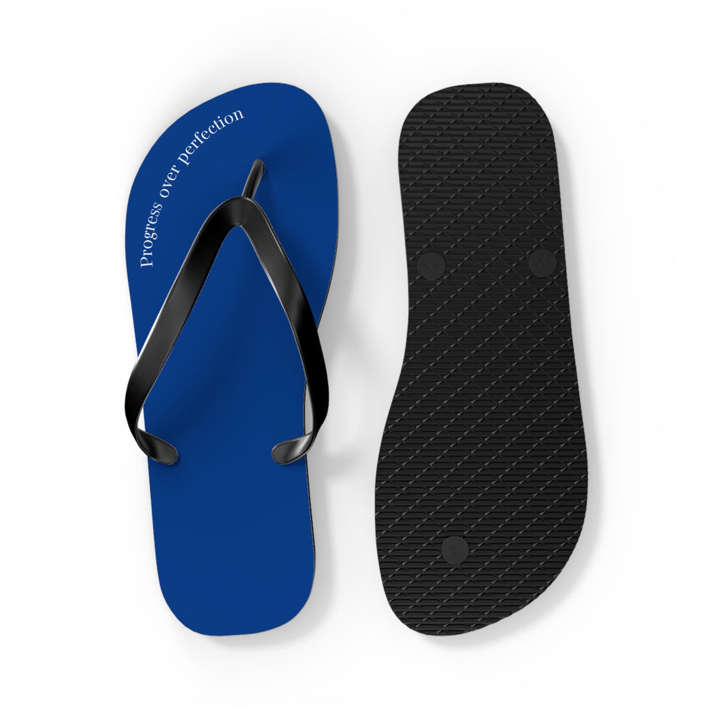 Blue Progress Over Perfection Flip Flops
